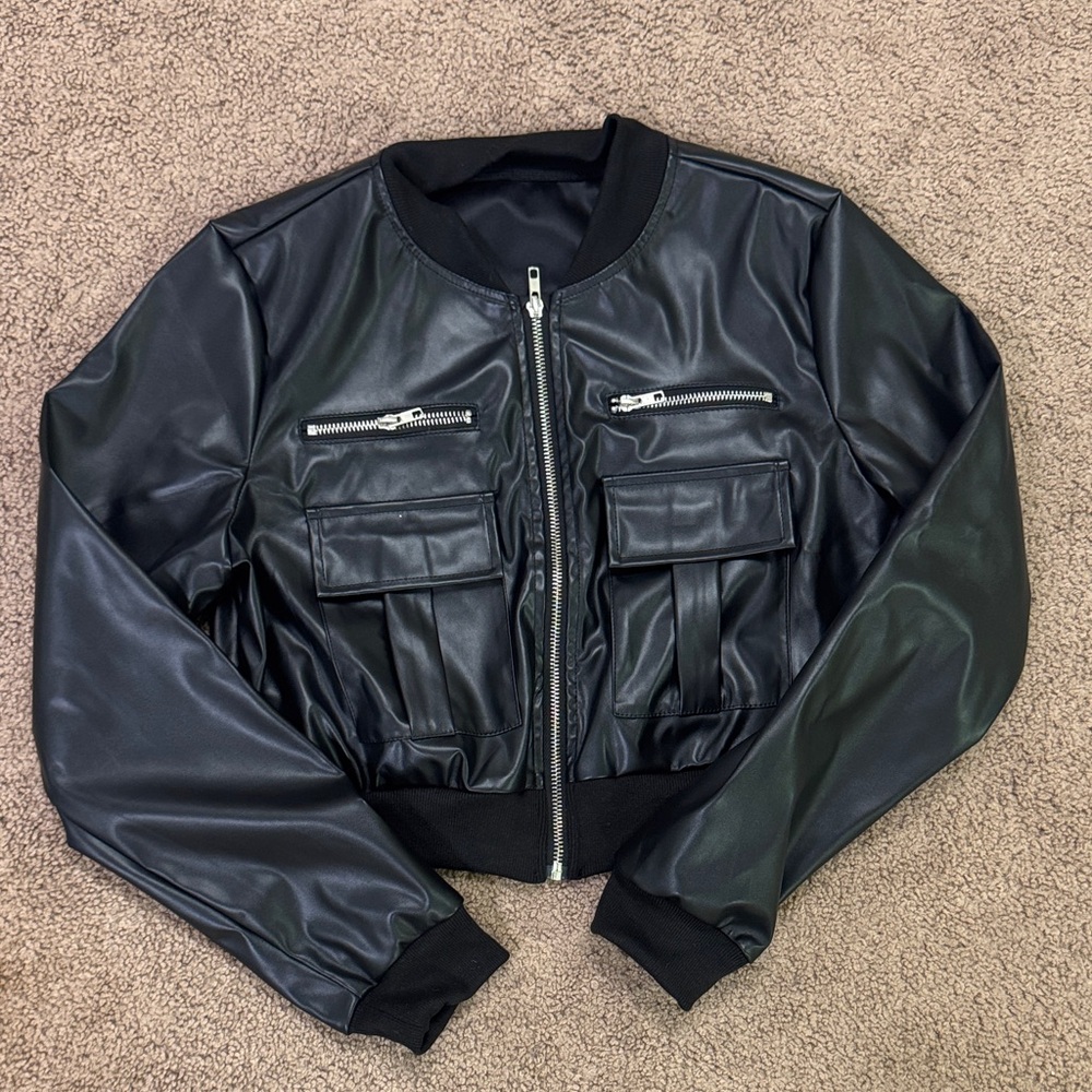 Black Faux Leather Cropped Bomber Jacket